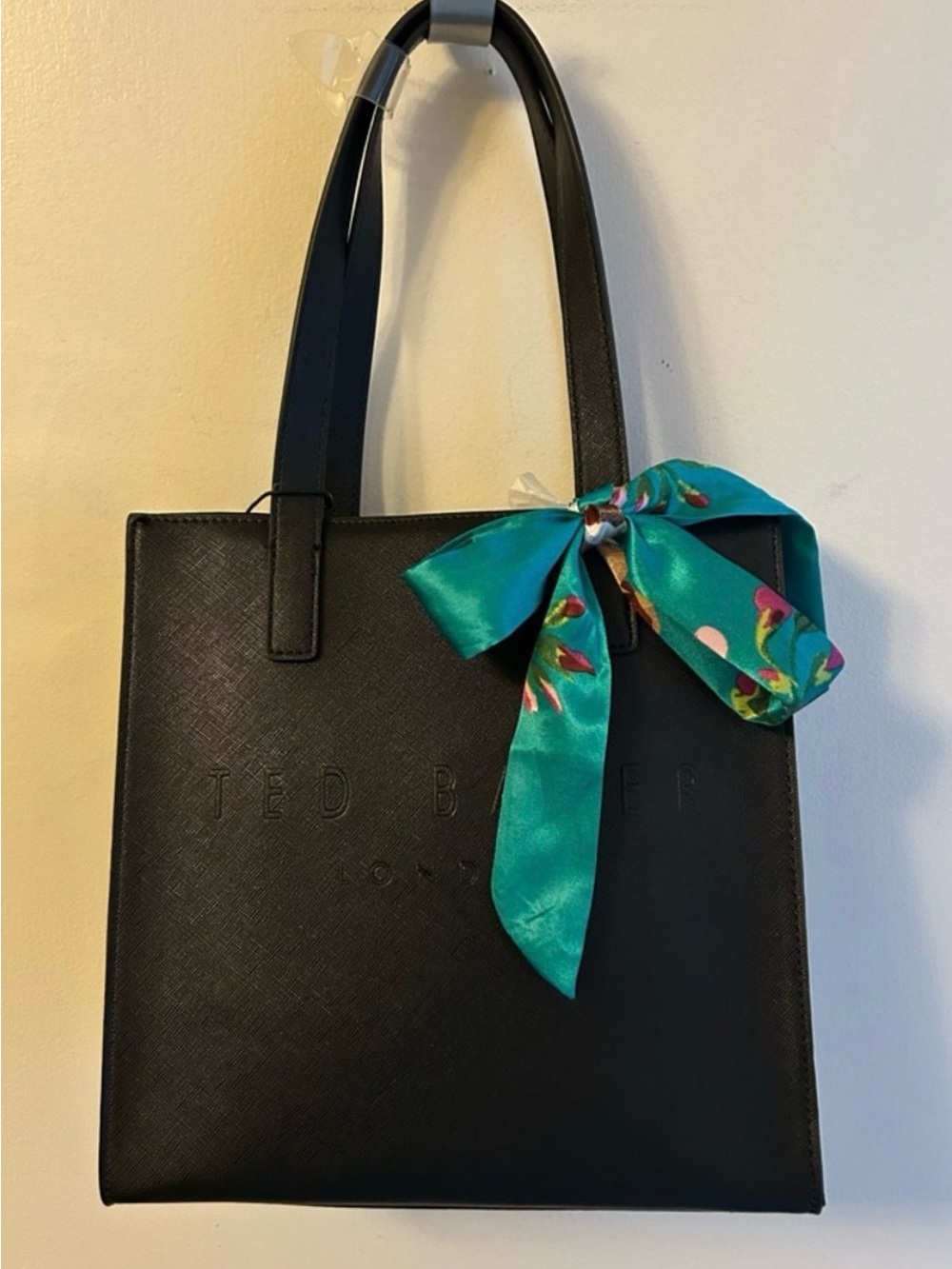 Ted Baker London Black Structured Saffiano Icon Tote w/ Teal Floral Bow - NWT